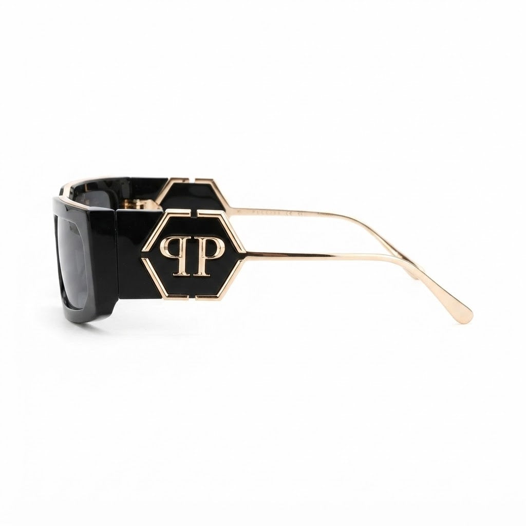 Philipp Plein SPP119M Unisex Shiny Black & Gold with Brown Gradient Square Sunglasses