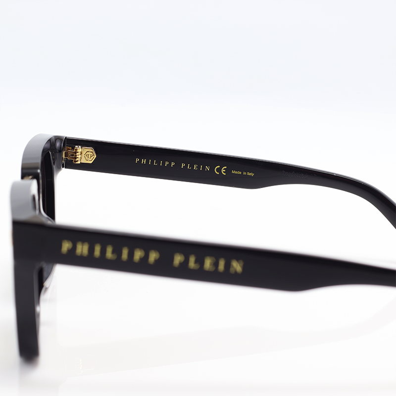 Philipp Plein Men Gold Bridge Hexagon Black Acetate Square Sunglasses