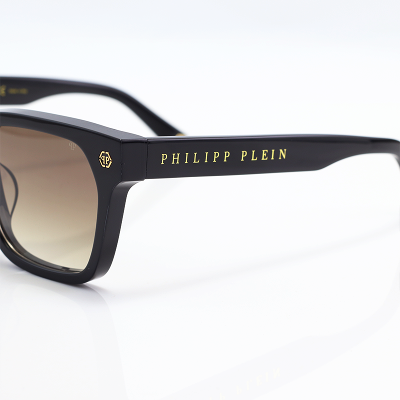 Philipp Plein Men Gold Bridge Hexagon Black Acetate Square Sunglasses
