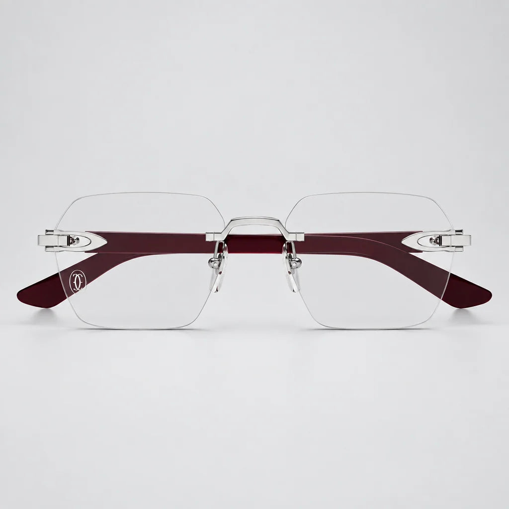 Signature C de Cartier Rimless Rectangular Burgundy Wood Temples and Clear Eyeglasses