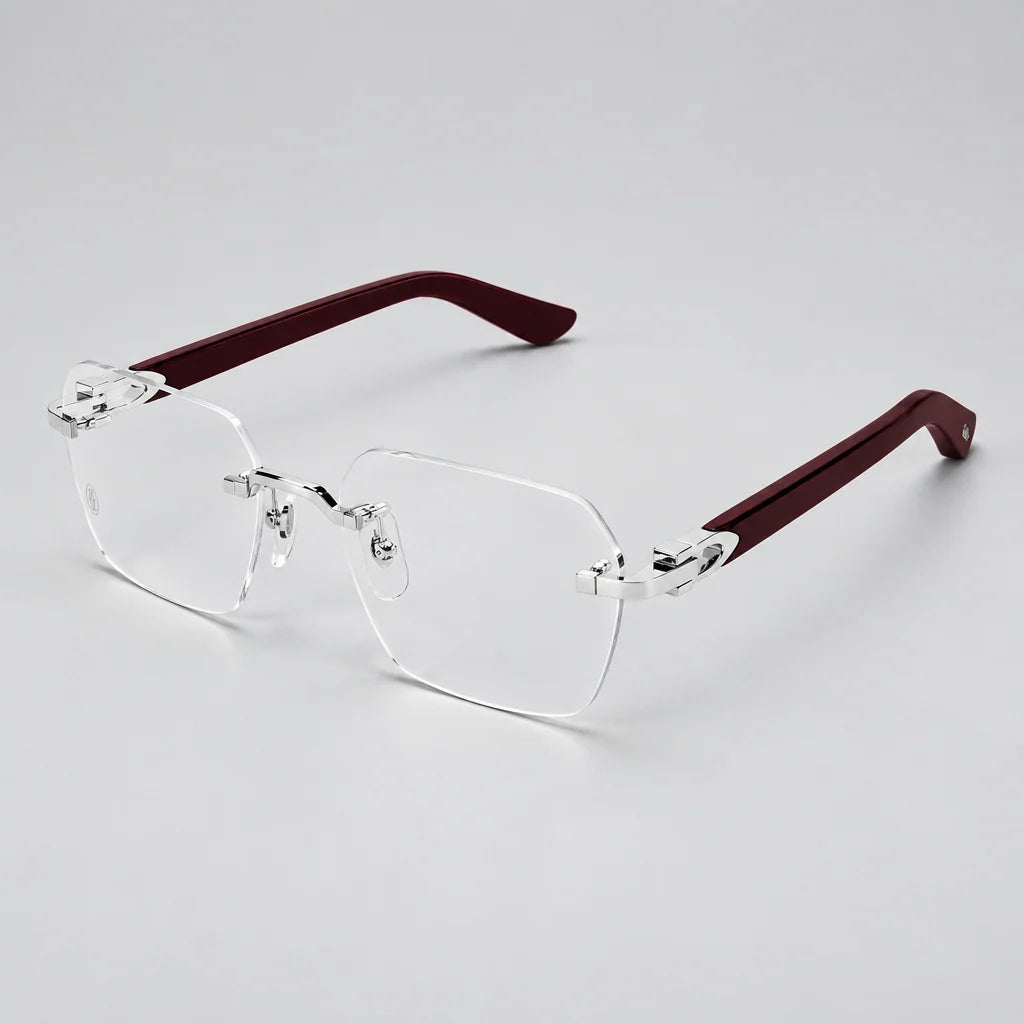 Cartier Signature C de Men Rimless Rectangular Burgundy Wood Temples and Clear Eyeglasses