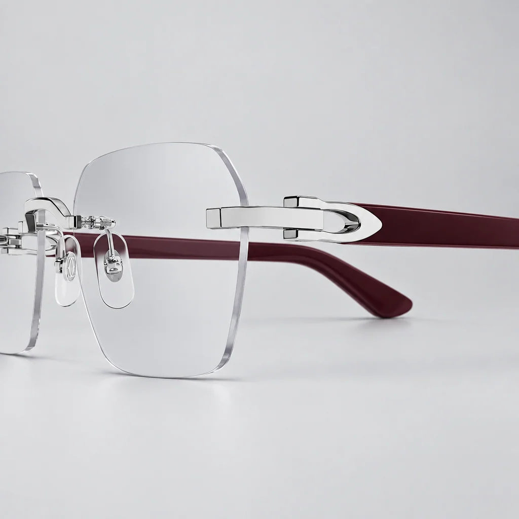 Cartier Signature C de Men Rimless Rectangular Burgundy Wood Temples and Clear Eyeglasses