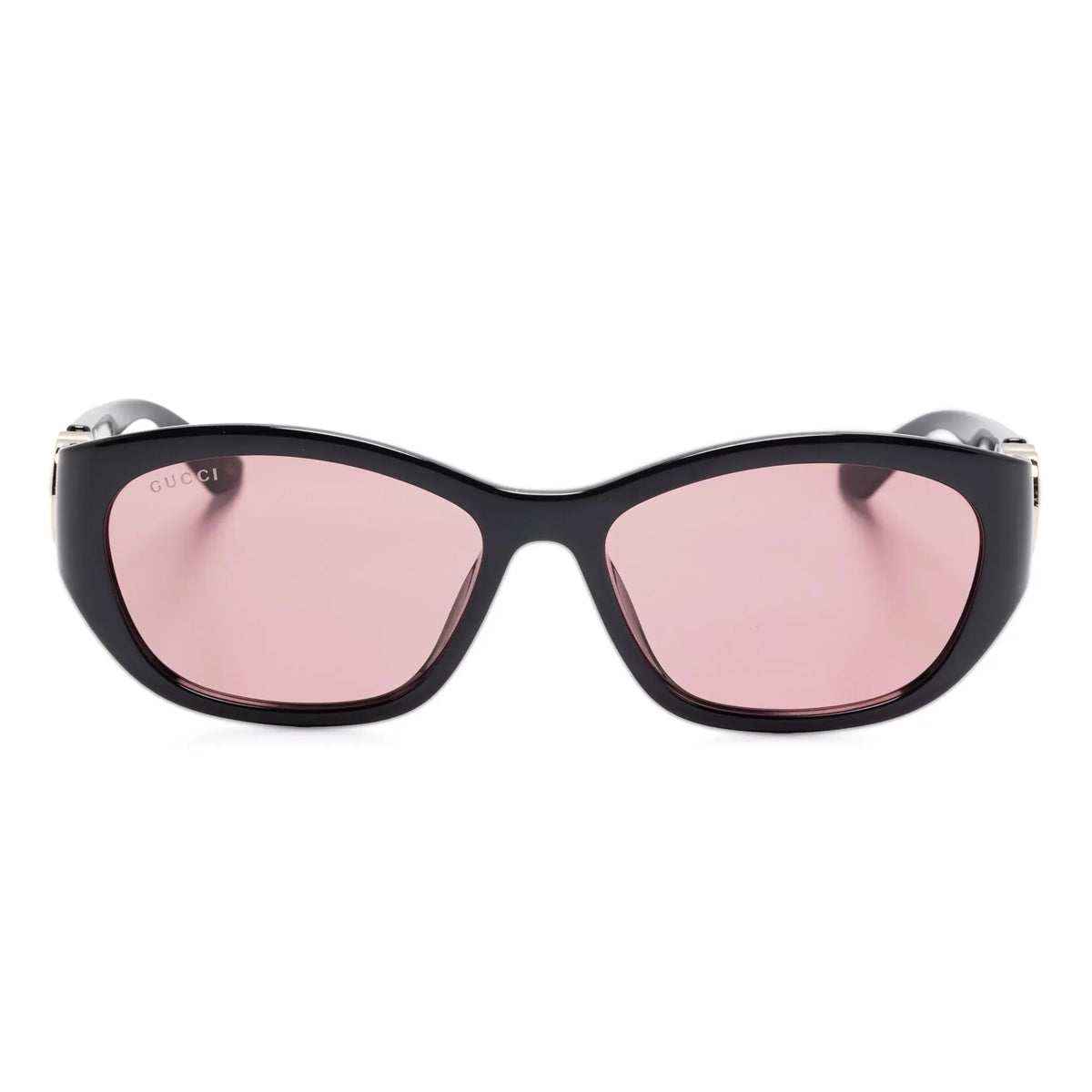 Gucci luxury sunglasses with black frames and pink tinted lenses
