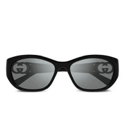 Black Gucci luxury sunglasses with grey lenses and interlocking G logo on the temples