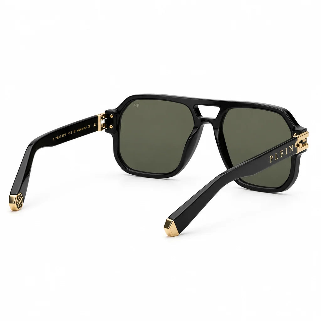 Philipp Plein VPP148M Unisex Black Navigator Dark Green Sunglasses
