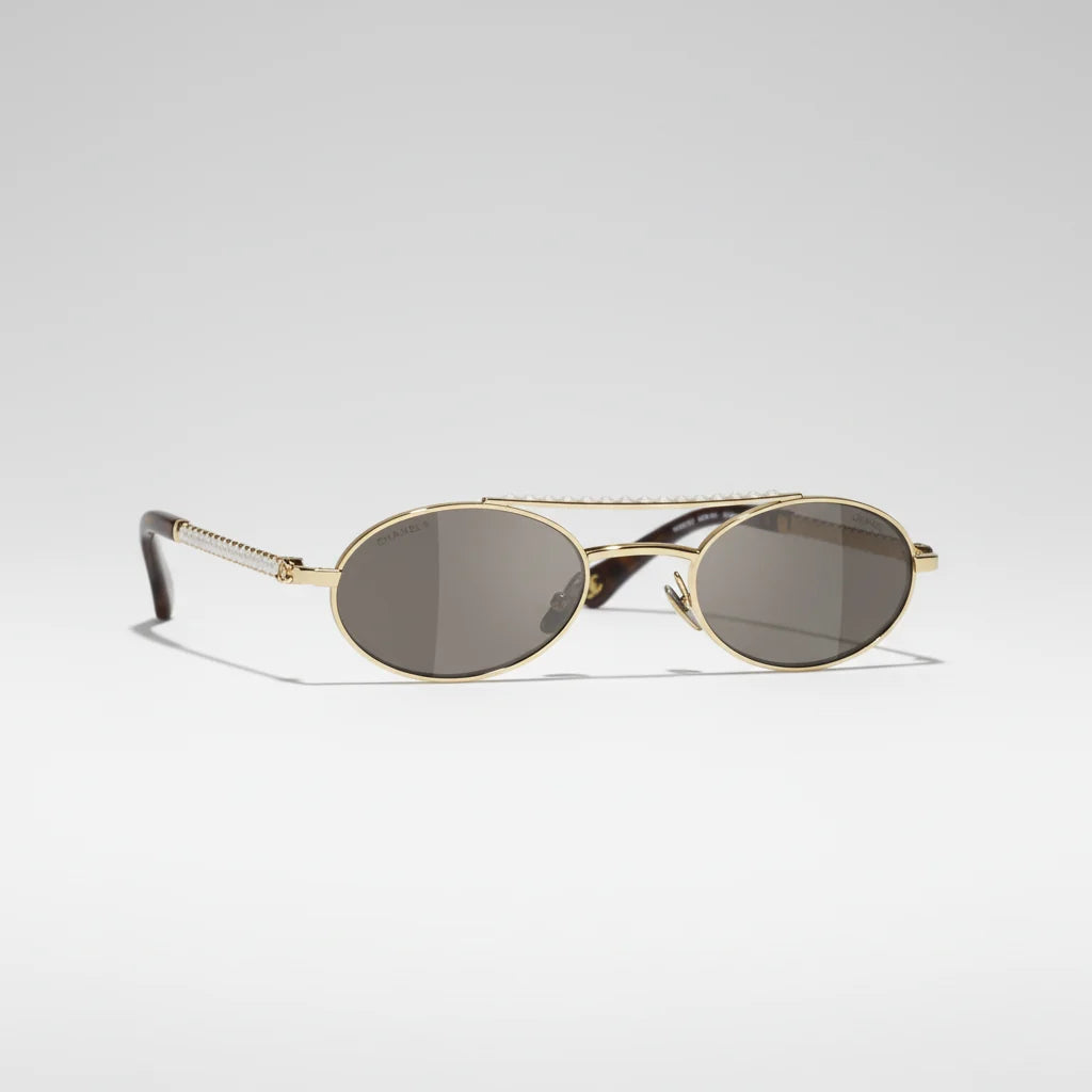 Chanel Women Oval Metal & Imitation Pearl Gold & Grey Sunglasses
