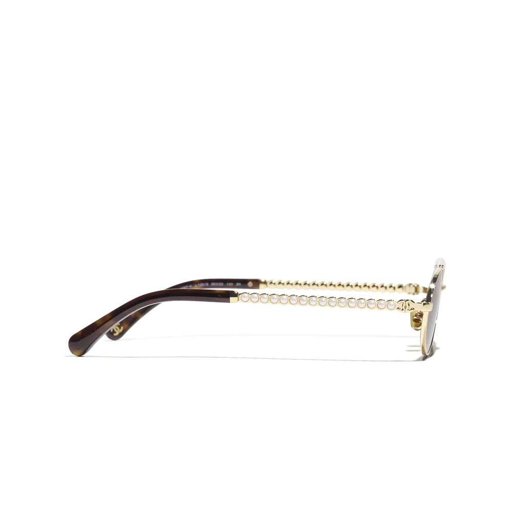 Chanel Women Oval Metal & Imitation Pearl Gold & Grey Sunglasses