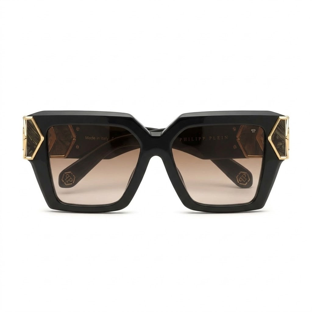Philipp Plein Women Matte Black Hexagon Logo Square Sunglasses