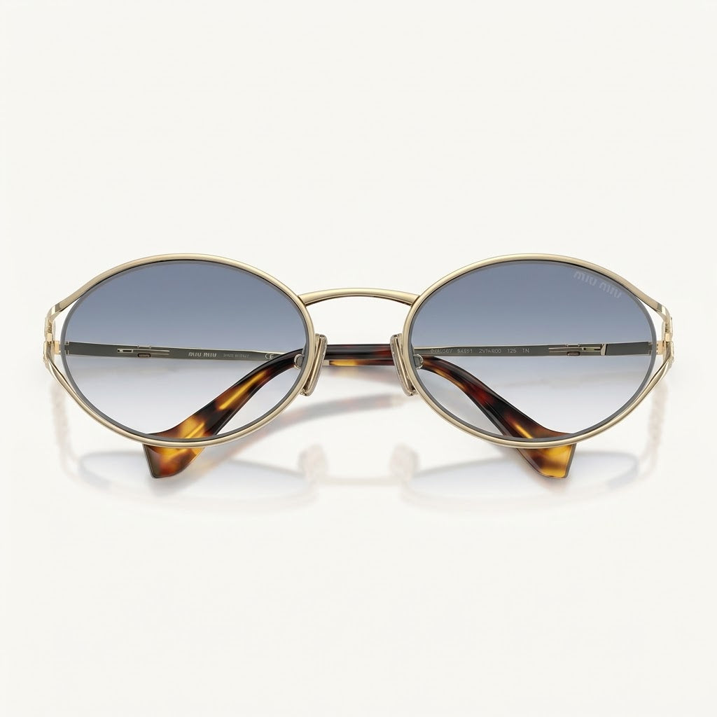 Miu Miu Women Logo Oval Pale Gold Blue Gradient Sunglasses