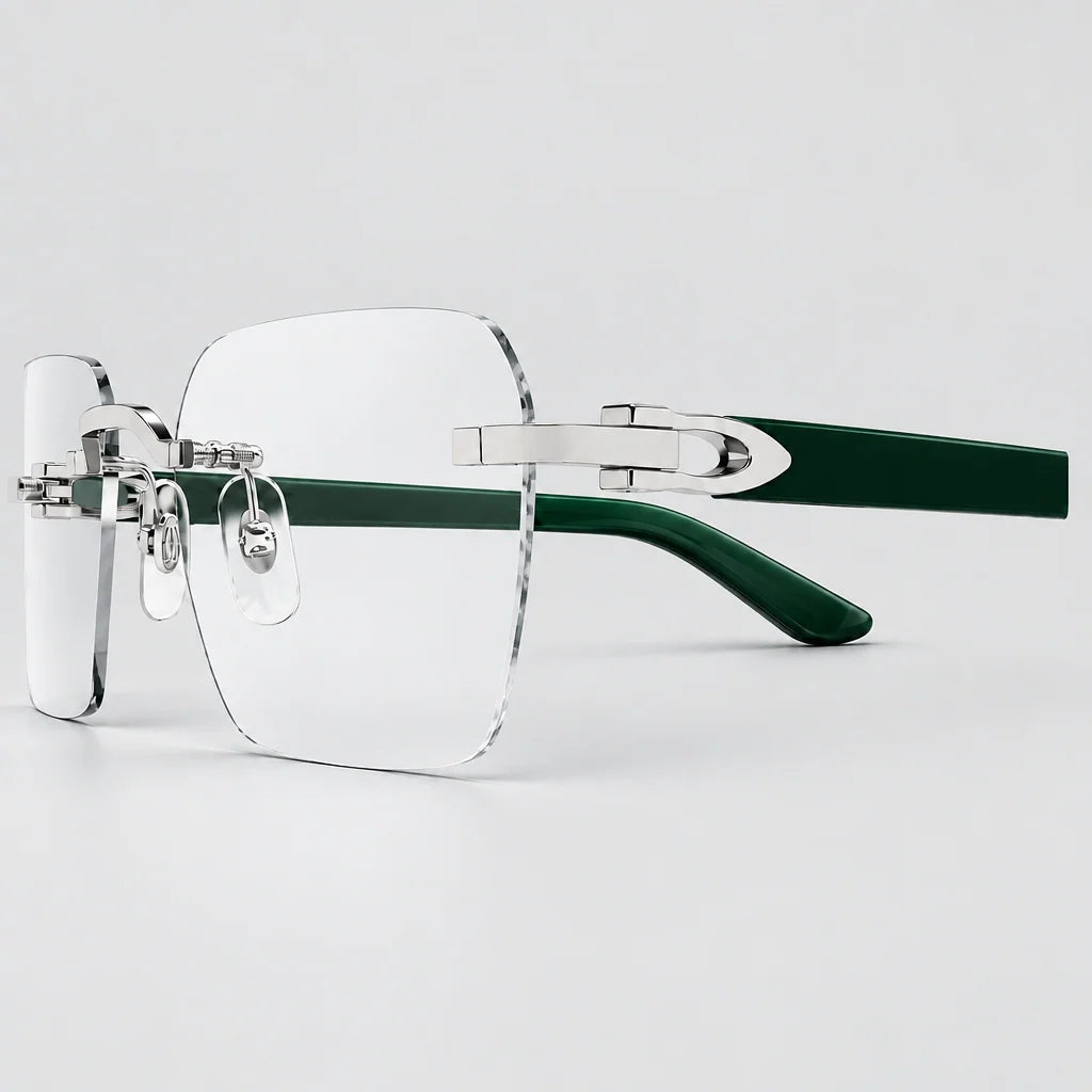 Cartier C Décor Men Rimless Dark Green Wood Temples Transparent Glasses