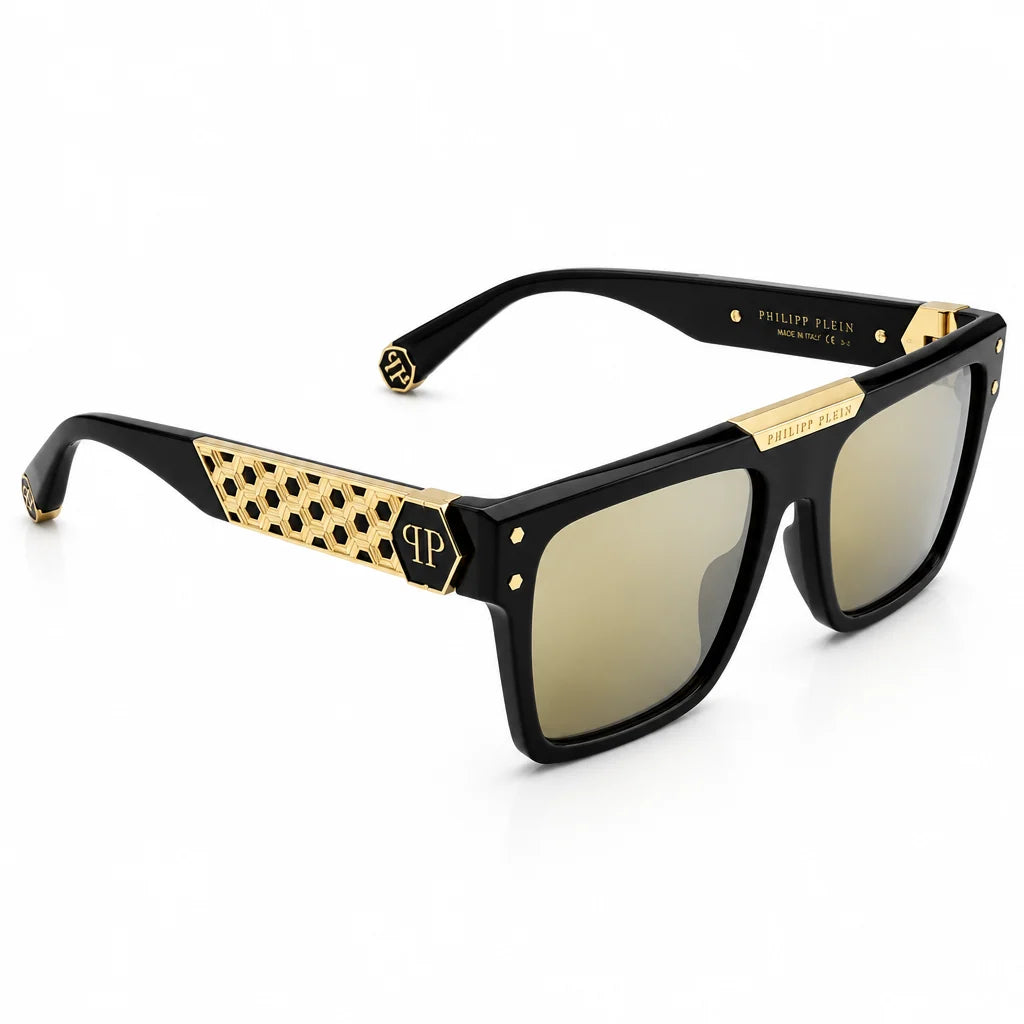 Philipp Plein Unisex SPP080 Geometric Black / Gold Sunglasses