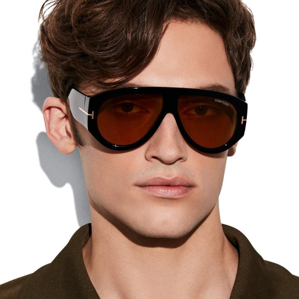Tom Ford Men Pilot Frame Soft Shiny Black Bronson Sunglasses