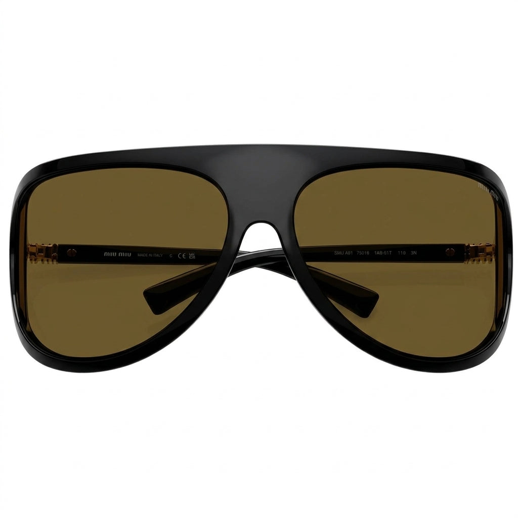 Miu Miu MU A01S Unisex Aviator Shield Shiny Black / Warm Brown Sunglasses