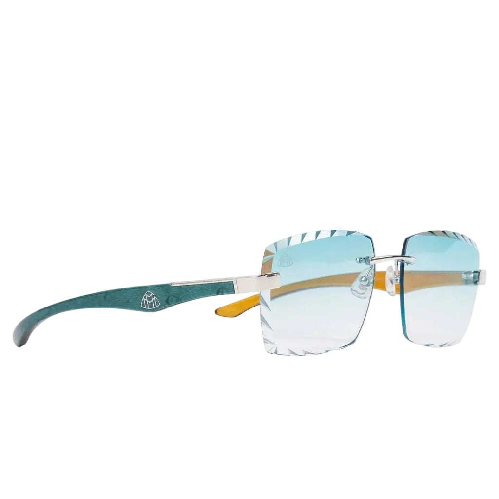 Maybach The Artist III Unisex P-WCW-ZZ5 Teal/Tiffany Blue Wood Platinum Diamond-Cut Rimless Luxury Sunglasses