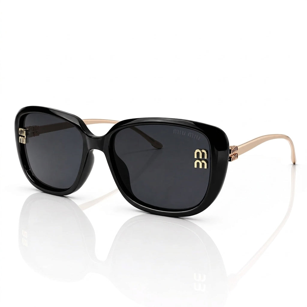 Miu Miu MU A08S Women Oversized Square Shield Shiny Black / Pale Gold Sunglasses