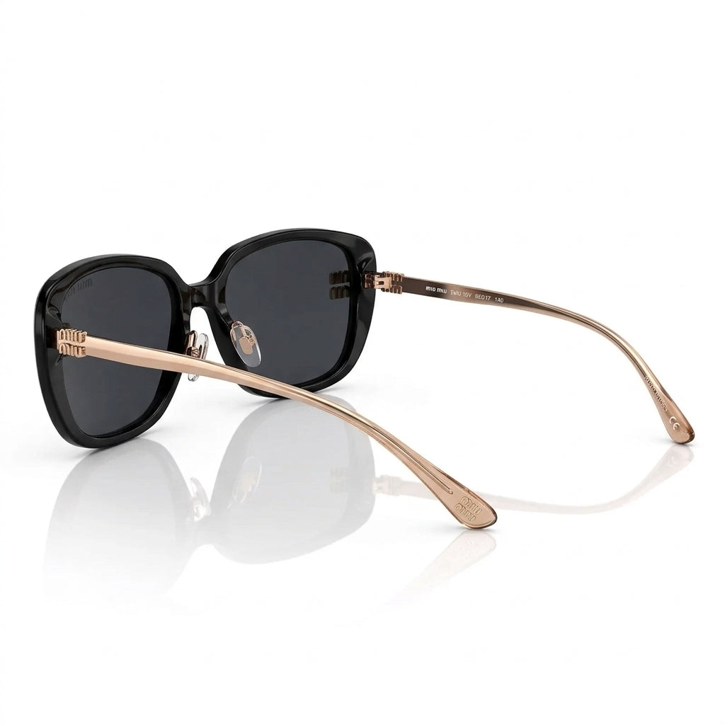 Miu Miu MU A08S Women Oversized Square Shield Shiny Black / Pale Gold Sunglasses