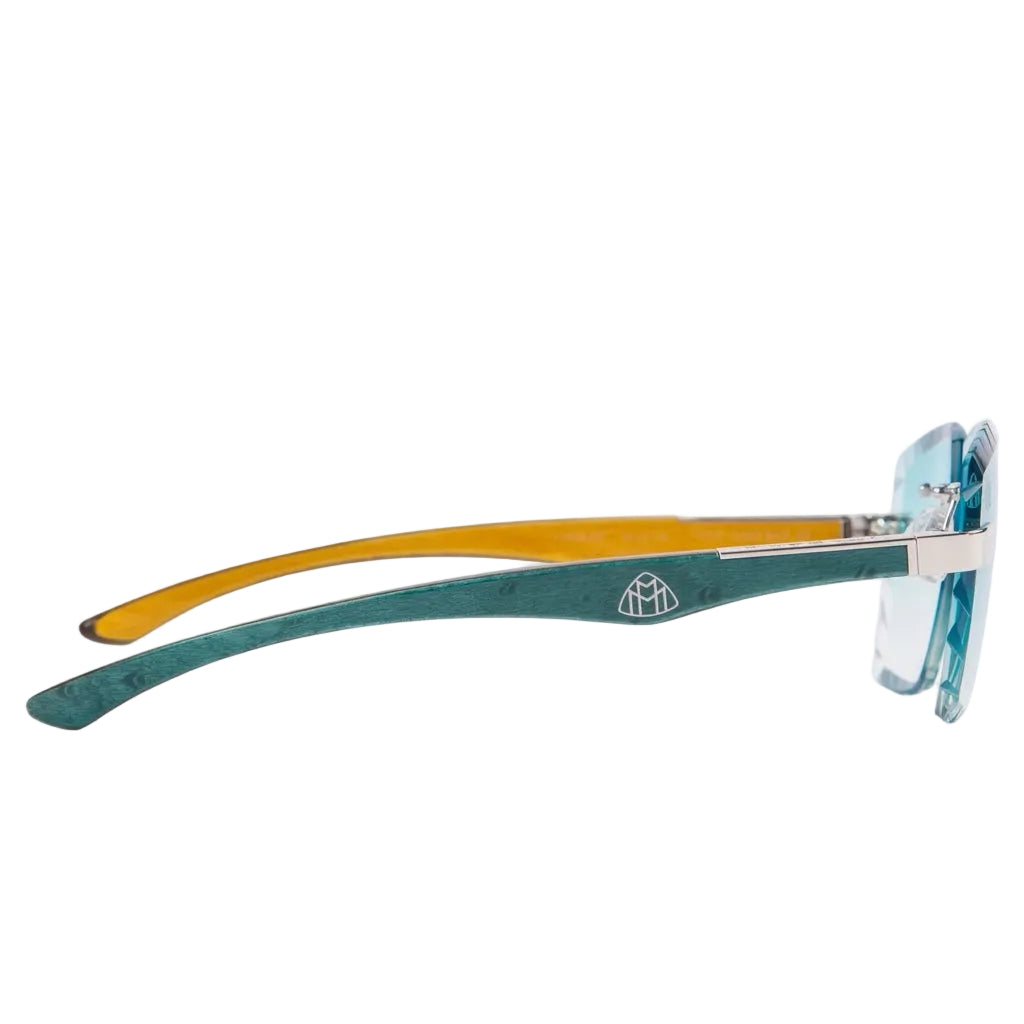 Maybach The Artist III Unisex P-WCW-ZZ5 Teal/Tiffany Blue Wood Platinum Diamond-Cut Rimless Luxury Sunglasses