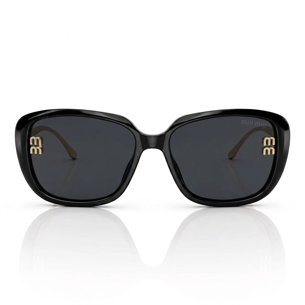 Miu Miu MU A08S Women Oversized Square Shield Shiny Black / Pale Gold Sunglasses 