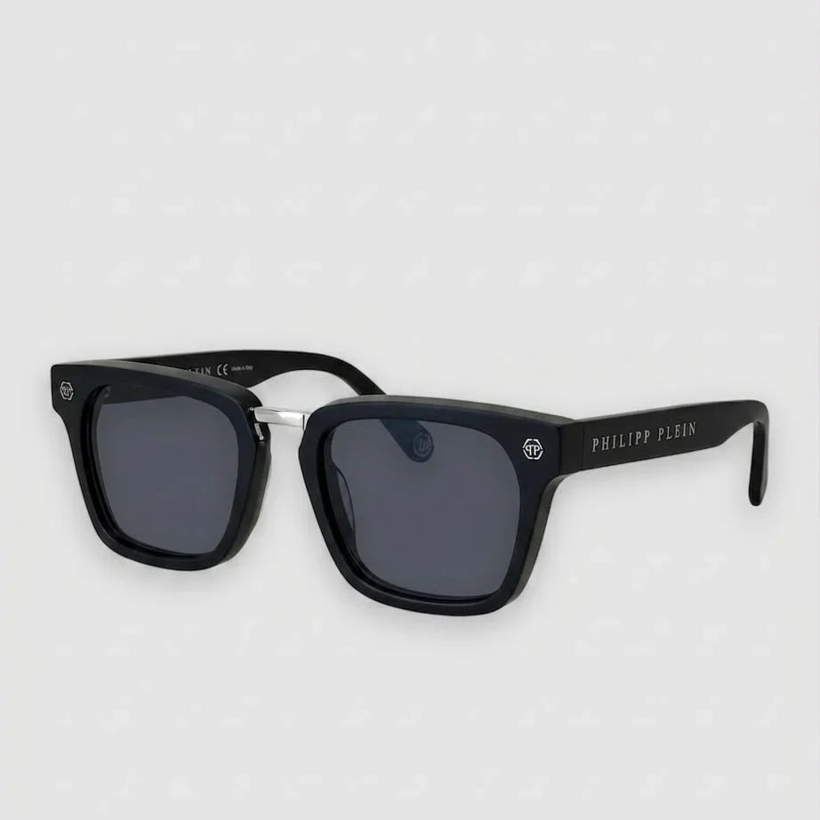Philipp Plein Men Silver Bridge Matte Black Square Sunglasses