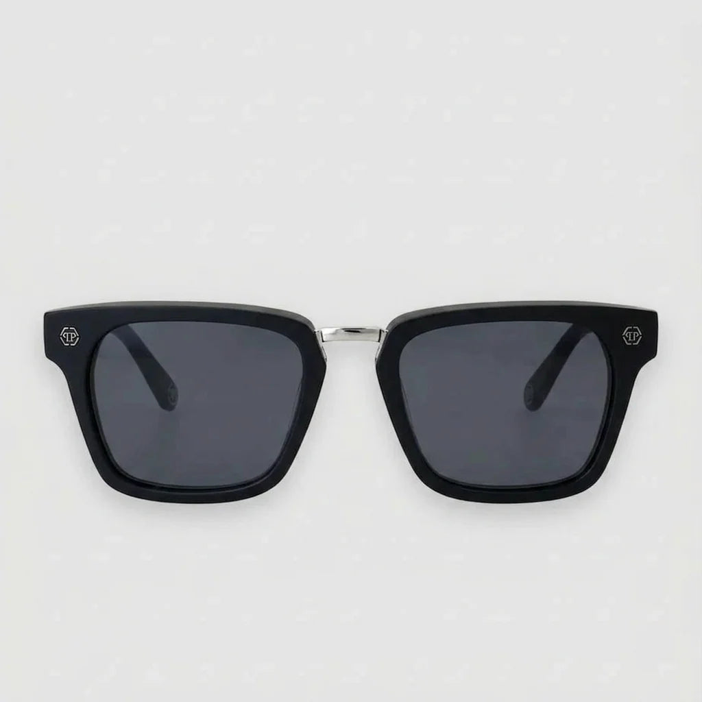 Philipp Plein Men Silver Bridge Matte Black Square Sunglasses