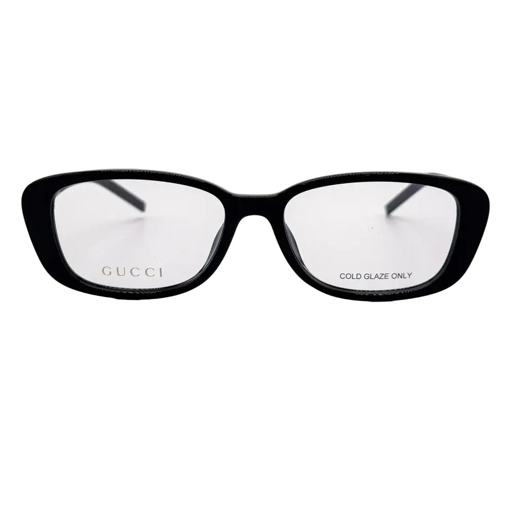 Black luxury Gucci eyeglasses with clear lenses on a white background
