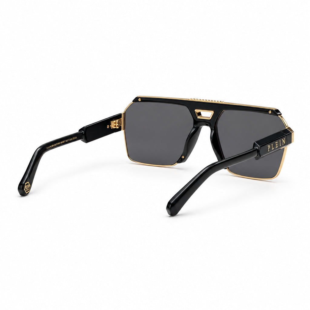 Philipp Plein Unisex Contemporary Flat-Top Aviator Black & Gold Sunglasses