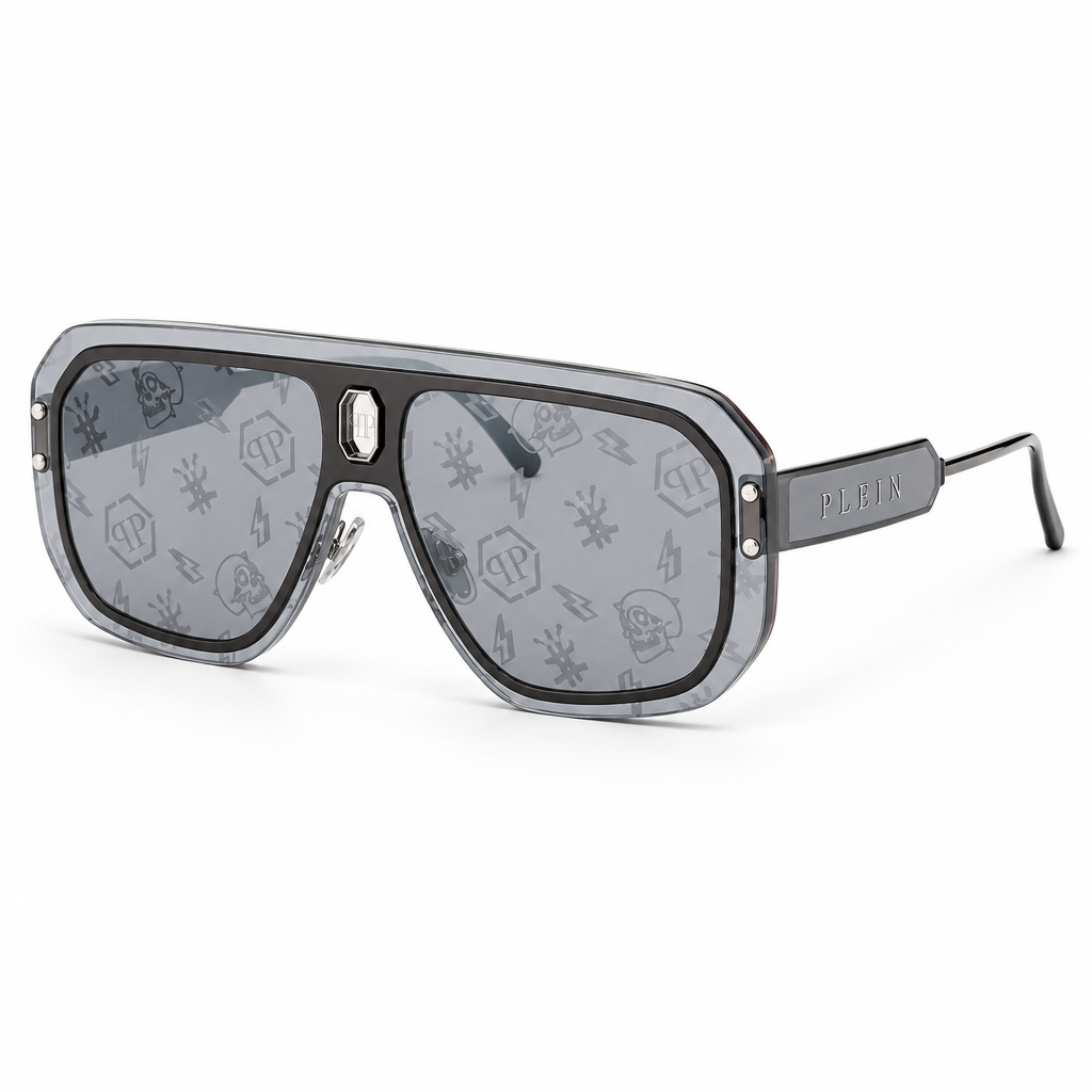 Philipp Plein Unisex Shield Semi-Matt Grey / Graphic Print Sunglasses
