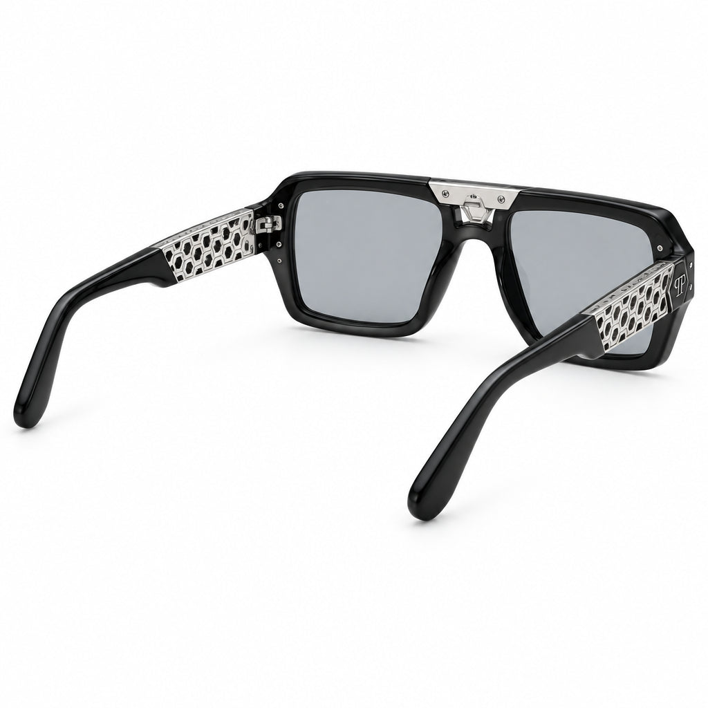 Philipp Plein Unisex Shiny Black & Silver Aviator Sunglasses