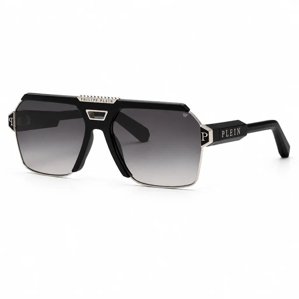 Philipp Plein Unisex Contemporary Flat-Top Aviator Black & Silver Sunglasses