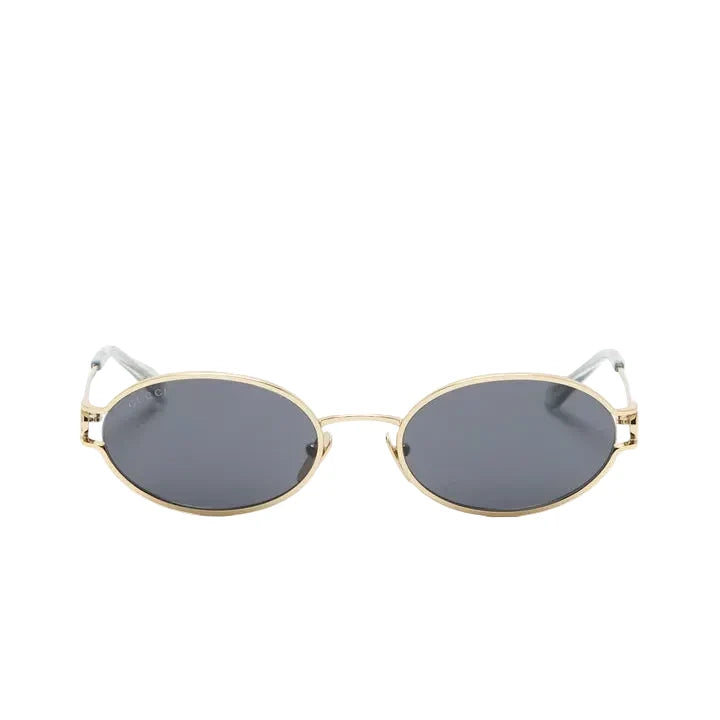 Gold metal oval sunglasses with dark grey lenses