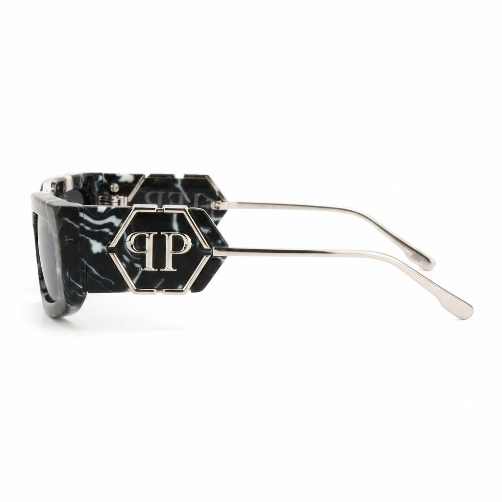 Philipp Plein SPP119M Unisex Black & White Marble with Silver-Tone Square Sunglasses