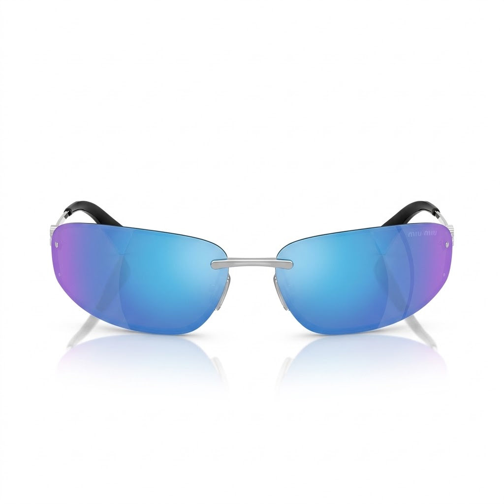 Miu Miu Women MU A50S Rimless  Silver / Mirror Cyan Blue Sunglasses