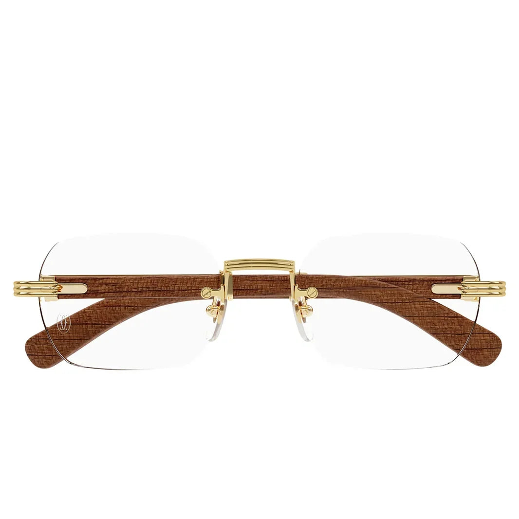 Cartier Première de Men Rimless Rectangular Brown Wood Temples Transparent Glasses