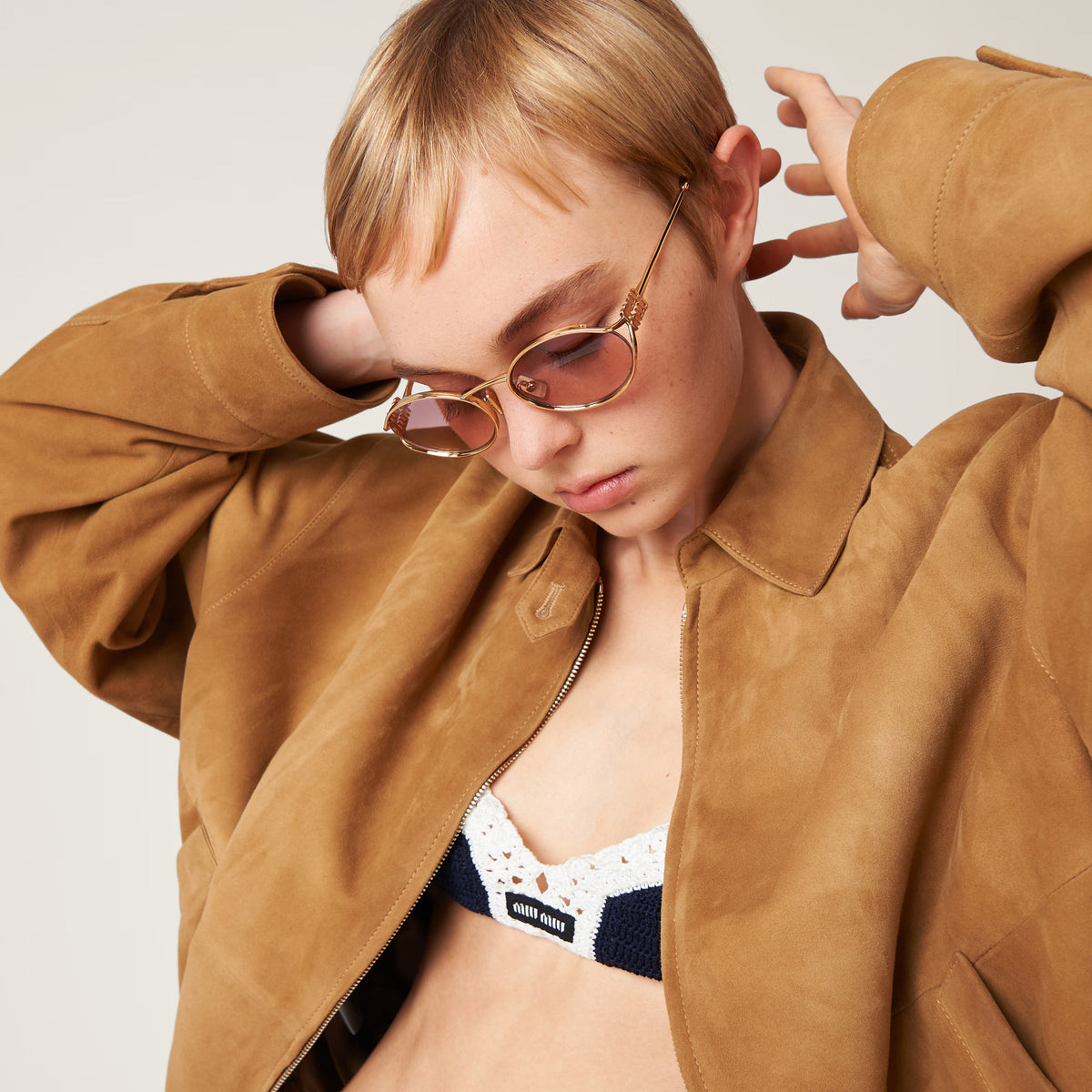 Miu Miu Women Logo Gold Oval Pink Beige Gradient Sunglasses