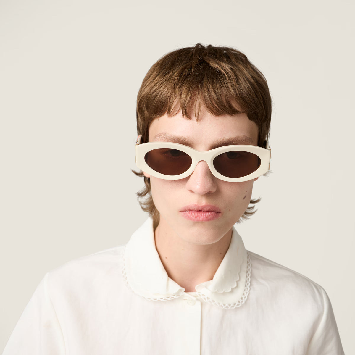 Miu Miu Women MU 11WS Glimpse Oval Milky White / Chocolate Brown Sunglasses