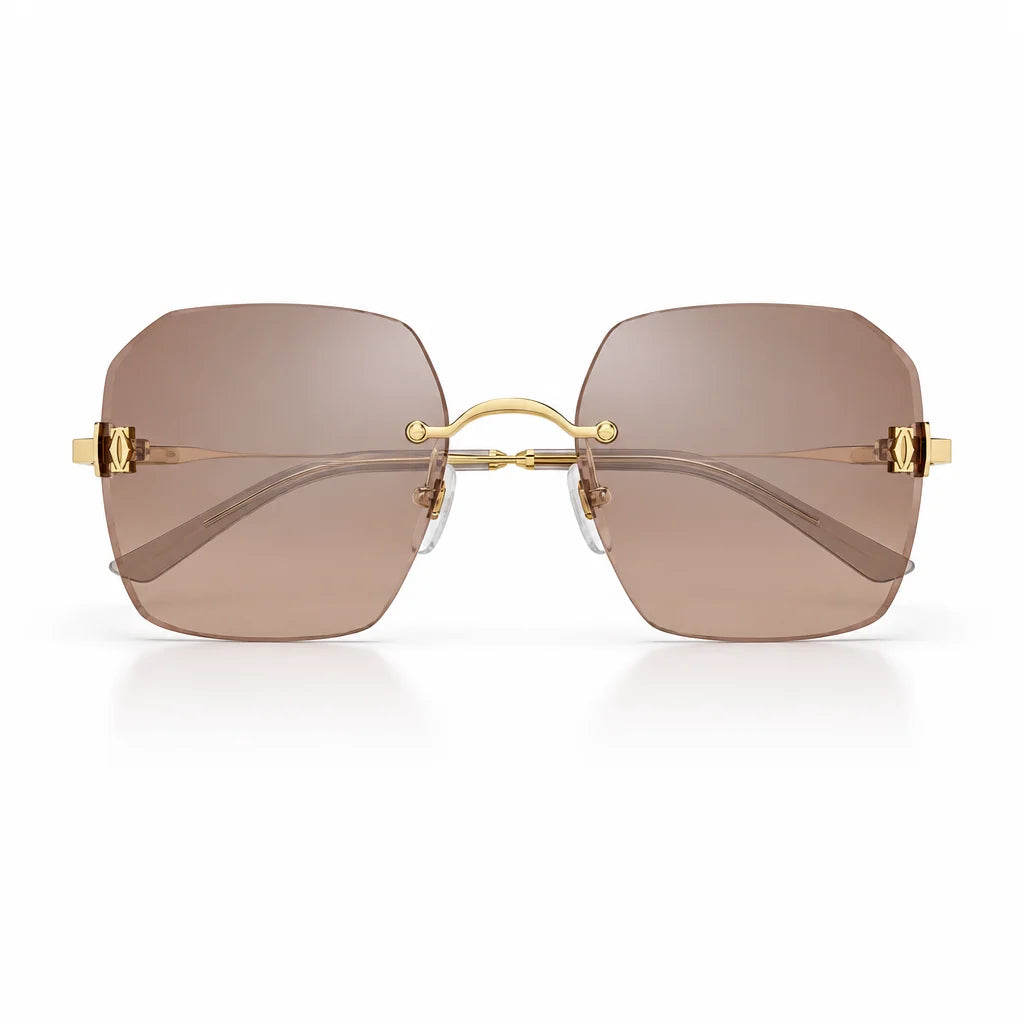 Cartier C De Motif Women Rimless Rectangle Gold Brown Sunglasses