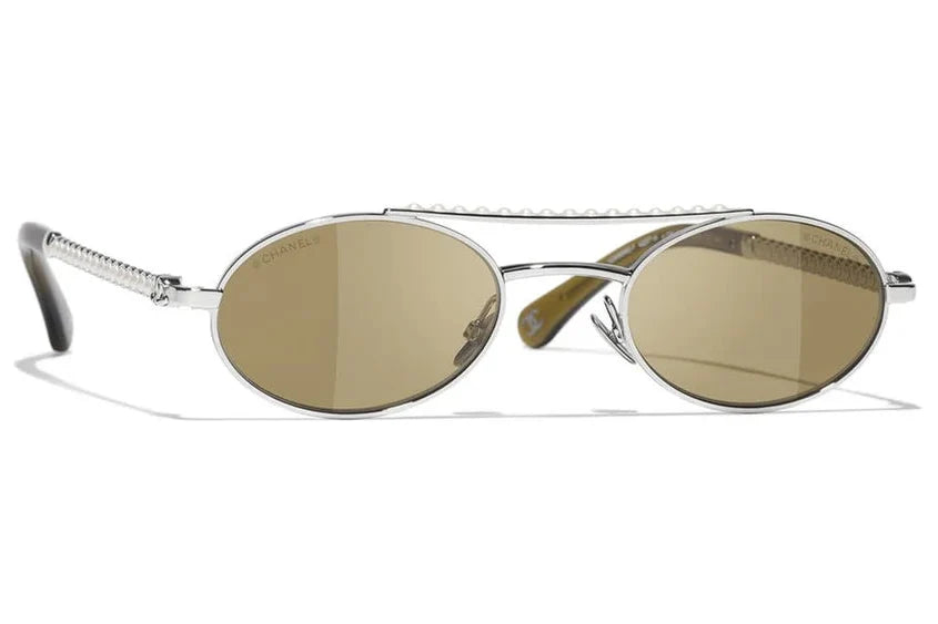 Chanel Women Oval Metal & Imitation Pearl Brown Sunglasses