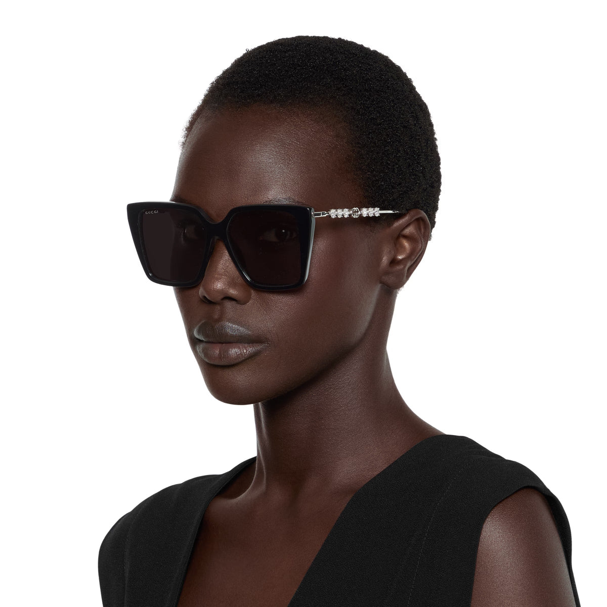 Gucci Women Square Frame Shiny Black Sunglasses