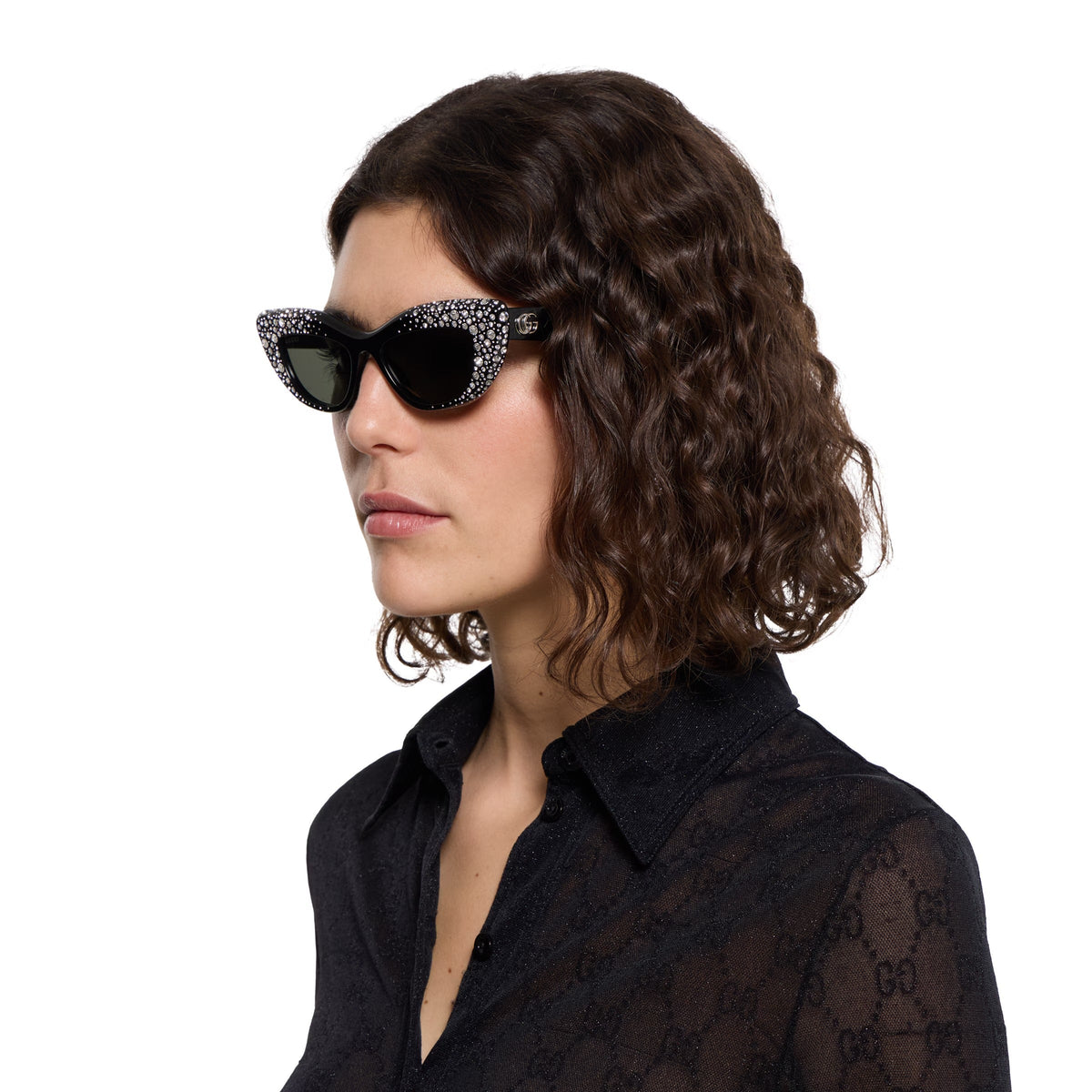 Gucci Women Rectangular Frame Black With Crystals Sunglasses