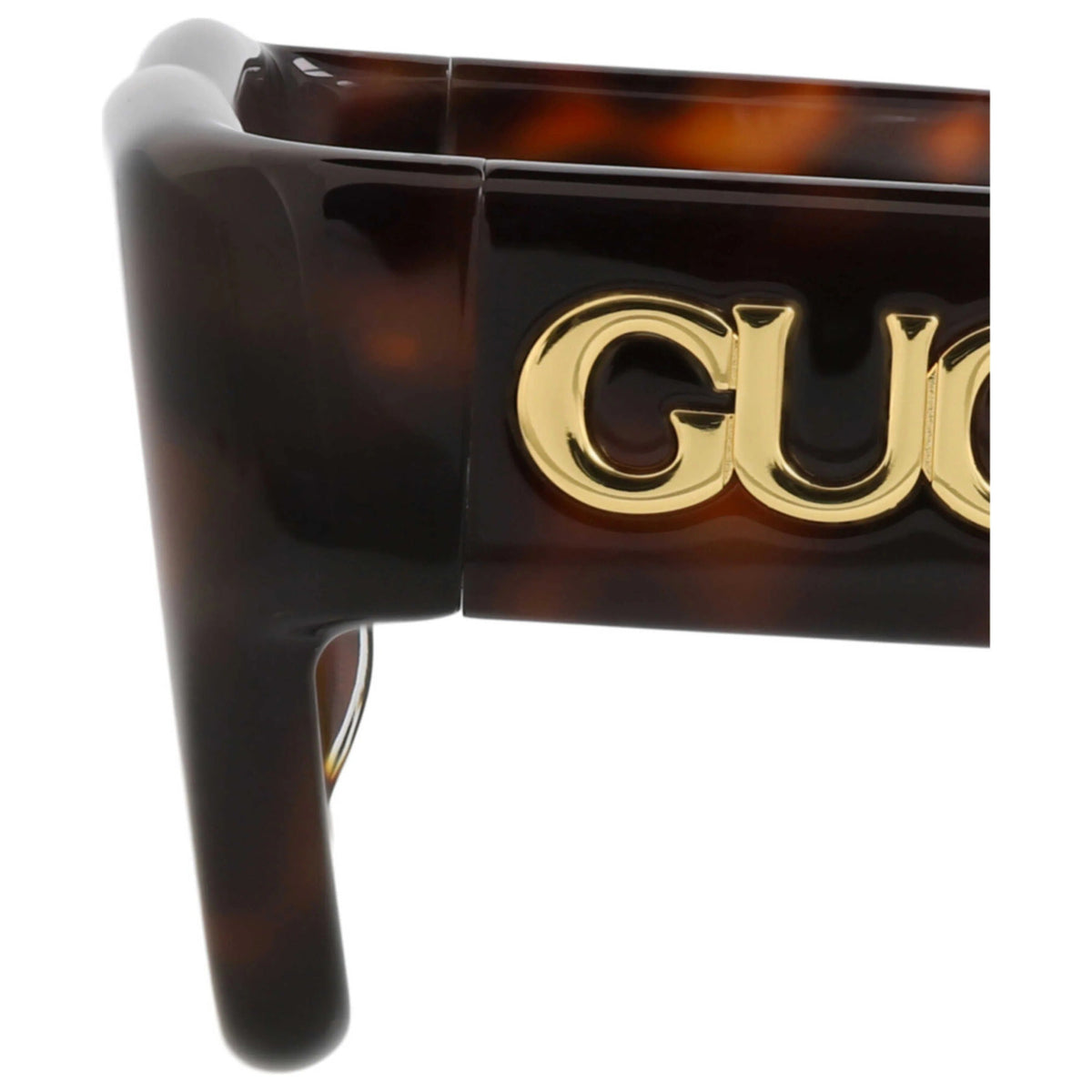 Close-up of luxury tortoise shell sunglasses featuring a gold Gucci logo detail.