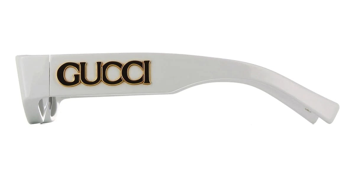 Side view of white luxury sunglasses with a gold GUCCI logo on the temple