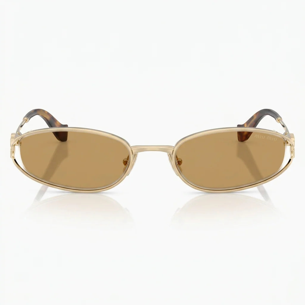 Miu Miu Women Miu Logo Pale Gold / Brown Semi-Rimless Sunglasses