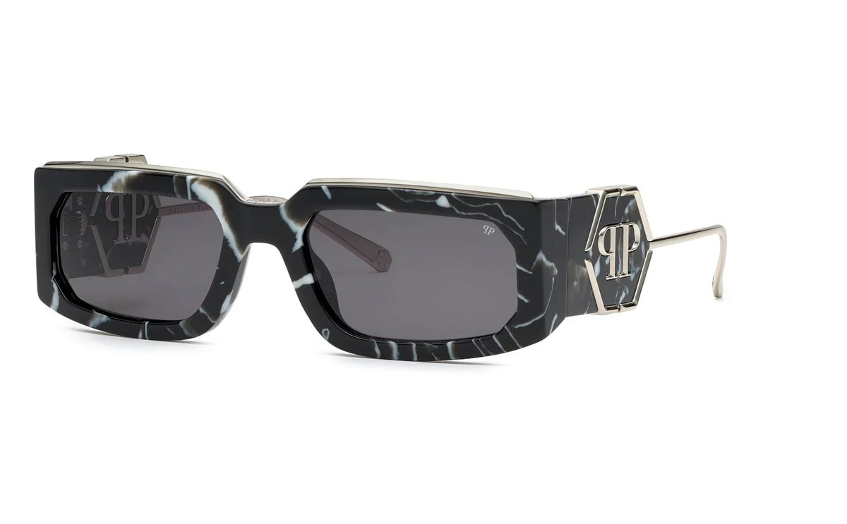 Philipp Plein SPP119M Unisex Black & White Marble with Silver-Tone Square Sunglasses
