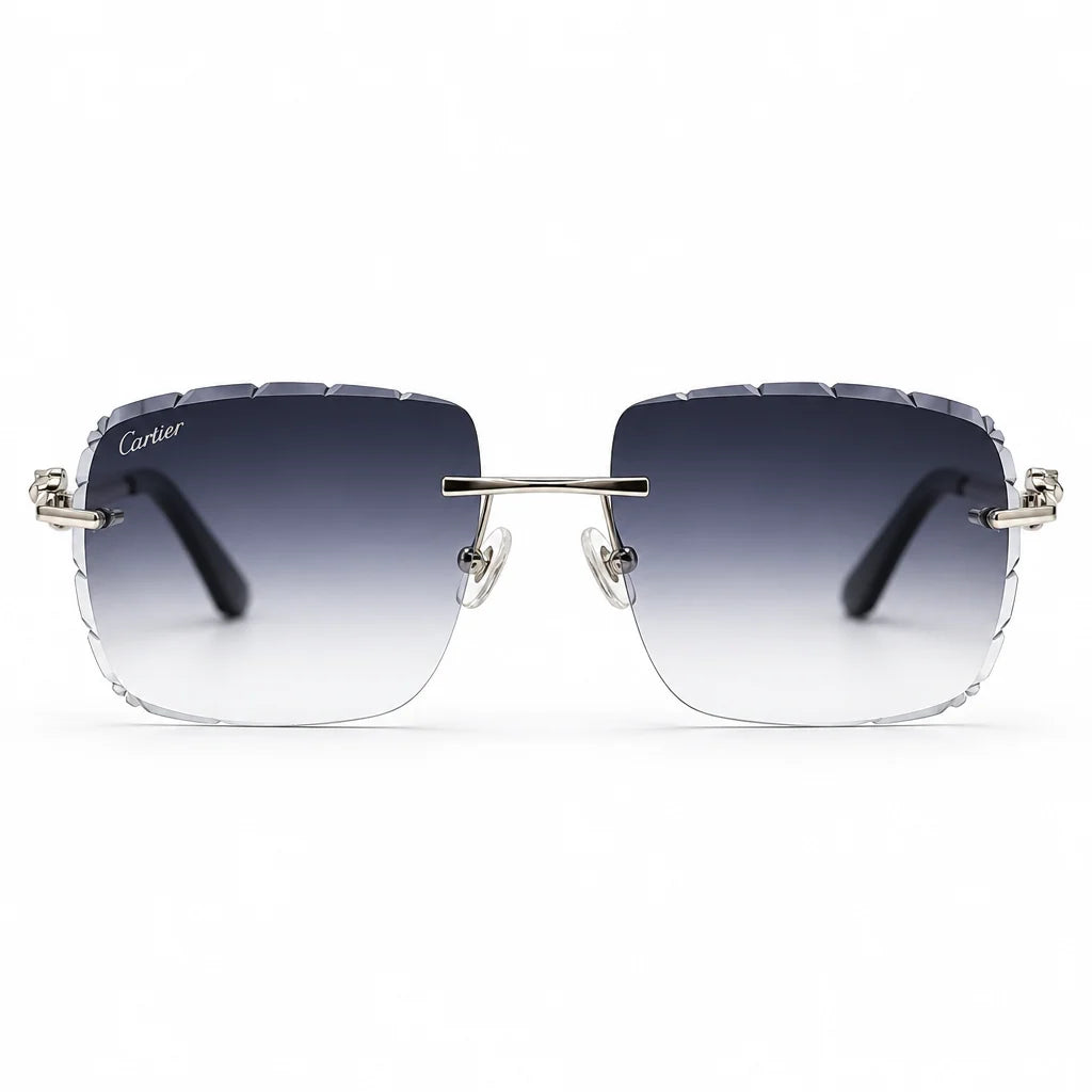 Cartier Panthère de Unisex Rimless Rectangular Grey Gradient Split Diamond Cut Sunglasses